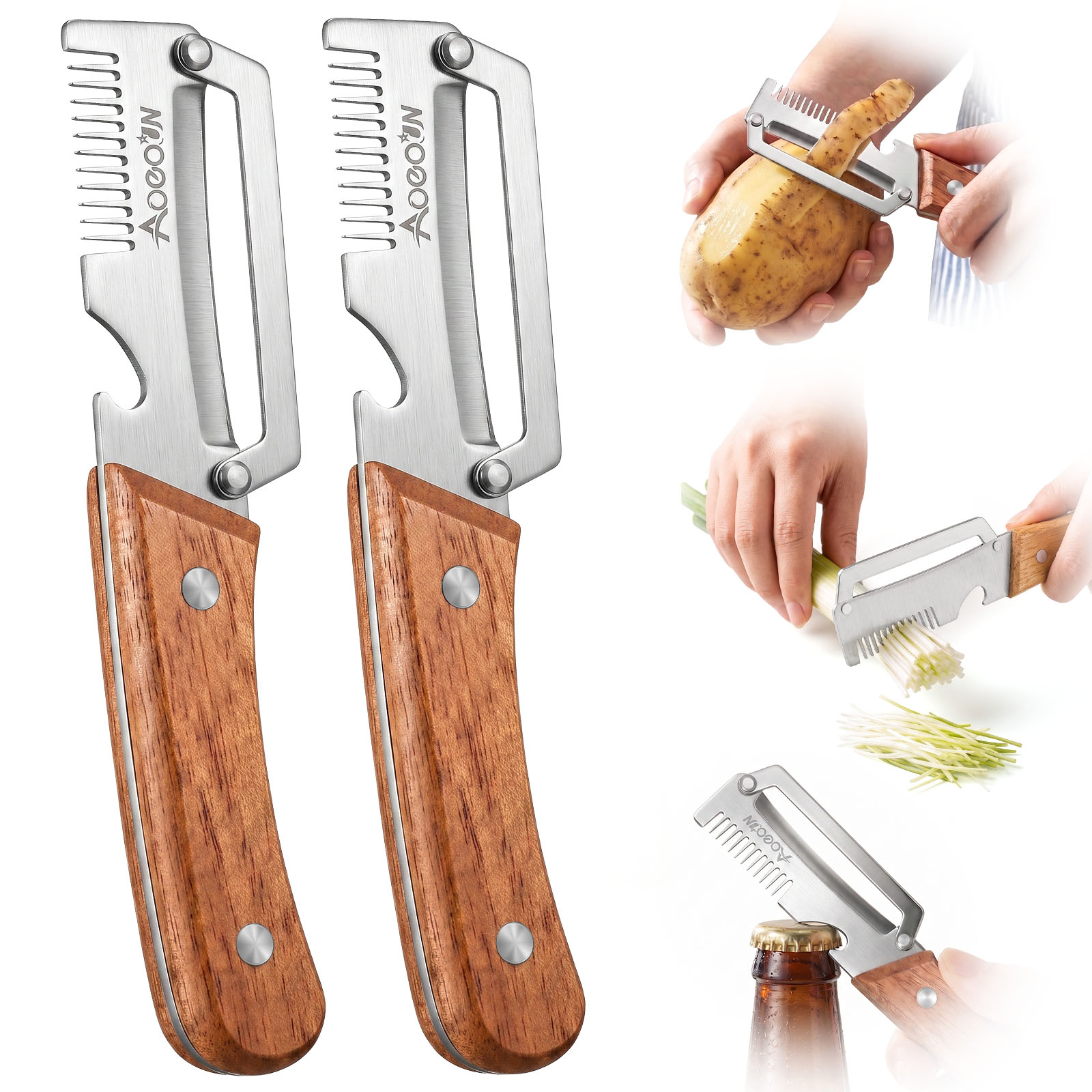 2 Pack Multifunctional Vegetable Peeler with Wooden Handle & Bottle Opener